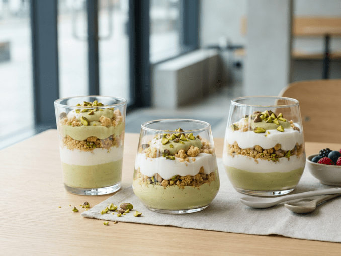 Drei Schichtdesserts mit Pistazien im Glas