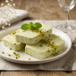 Pistazien-Parfait: Rezept ohne Eismaschine Aufgeschnittenes Pistazien-Parfait auf einem Teller